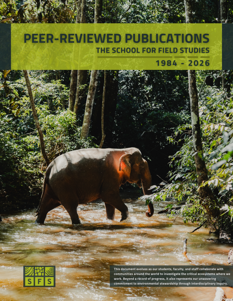 An elephant walks through a shallow stream in a forest. Text overlay reads, "Peer-Reviewed Publications: The School for Field Studies 1984–2026.